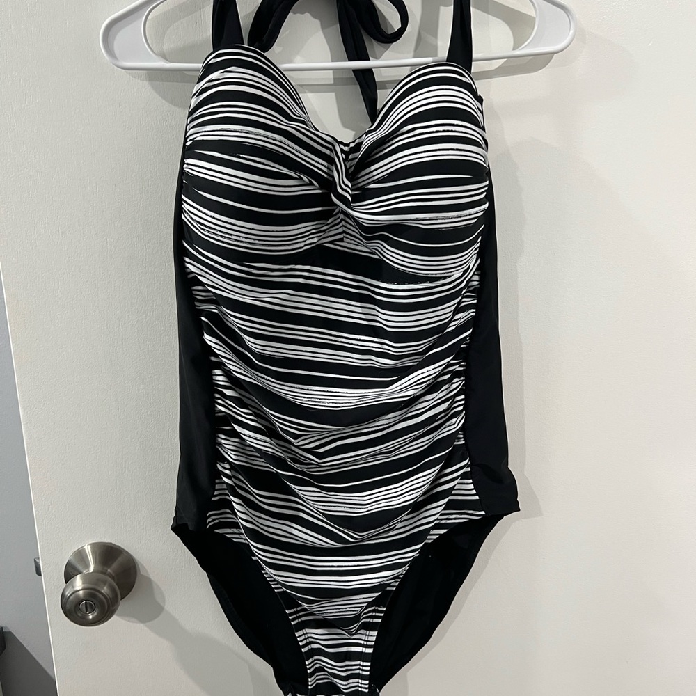 Merona Rouched Black and White One Piece Swimsuit with Halter Straps